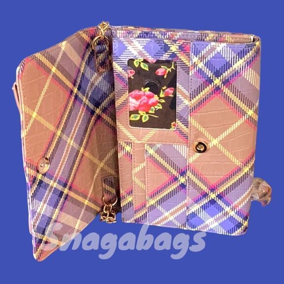 BETSEY JOHNSON NWT VIOLET PLAID CROSSBODY WALLET BAG - Picture 6 of 15
